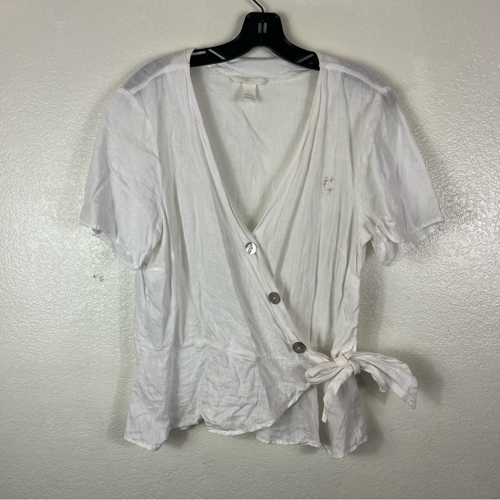 H&M White short sleeve wrapped linen top mother of pearls button size 14